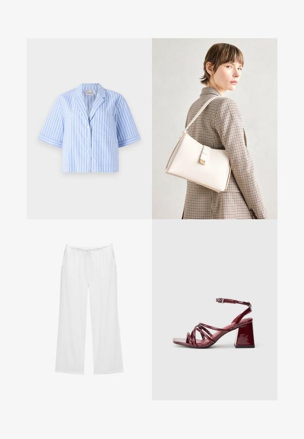 Cămașă cu mânecă scurtă în dungi albastre și albe, cu guler, nasturi în față, un singur buzunar și dungi contrastante pe umeri.; Pantaloni albi cu picioare largi, confecționați dintr-un material moale, având o talie elastică cu șnur și două buzunare laterale. Design simplu și curat.; Sandale cu toc pătrat, din piele lacuită burgundy, cu multiple curele interconectate și un toc gros. Curea ajustabilă pentru glezne.; Geantă de mână din piele albă cu un design structurat, având o închidere magnetică și un breteau, expusă pe un fundal neutru.