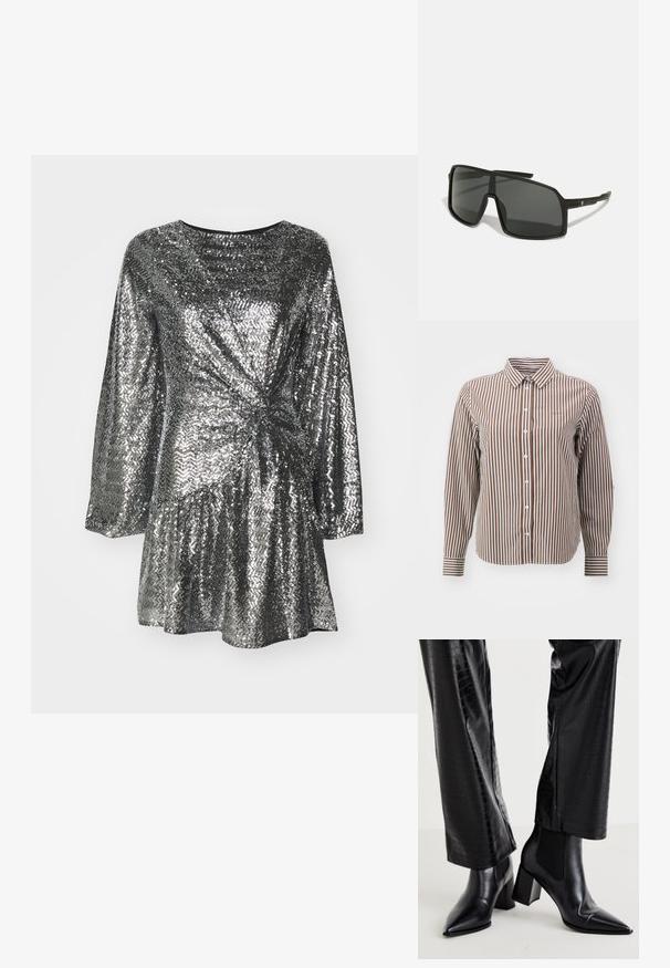 GANT STRIPED - Blusa - braun weiß; Vestido de lentejuelas plateadas con mangas largas, que presenta un diseño frontal retorcido y una falda acampanada. Textura suave con superficie reflectante.; RAID NEMMA - Botines - black metallic; Gafas de sol negras con una gran montura angular, lentes oscuros y varillas delgadas y elegantes con un pequeño logo en un lado.; Pendientes de aro de plata con un acabado pulido, que presentan un diseño circular y bisagras sin costuras, exhibiendo una textura suave.