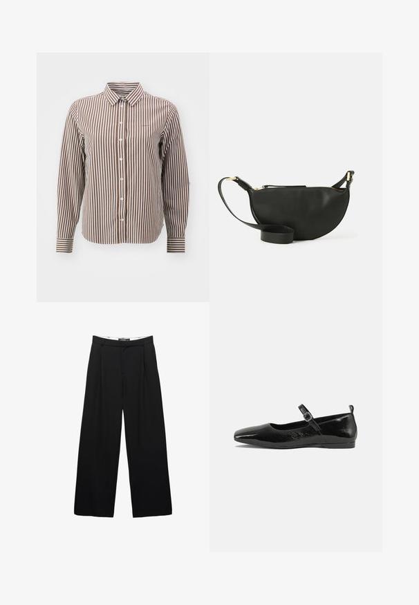 GANT STRIPED - Overhemdblouse - braun weiß; Zwarte wijde pantalon van soepel materiaal. Voorzien van plooien aan de voorkant, een tailleband met riemlussen en een getailleerd silhouet.; Zwarte patenten leren ballerina met een spitse neus, een enkelbandje met een gesp en een gladde, glanzende textuur. Lage hak voor comfort.; Zwart leren schoudertas met een halve maanvorm, textuur oppervlak, gouden rits en een platte schouderband. Compact ontwerp geschikt voor de benodigdheden.; Zilveren oorringen met een gladde, glanzende afwerking. Ronde vorm, lichtgewicht ontwerp, voorzien van een post-back sluiting.