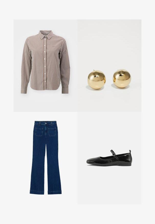 GANT STRIPED - Bluza z gumbi - braun weiß; Temne modre trpežne flare kavbojke z gladko teksturo, petimi žepi in gumbom za zapiranje na pasu.; Črne lakirane balerinke s koničastim nosom, trakkom okoli gležnja s sponko in gladko, sijočo teksturo. Nizek peti za udobje.; Zlati okrogli uhani s poliranim zaključkom in majhnim držalom. Imajo gladko teksturo in odsevno površino.