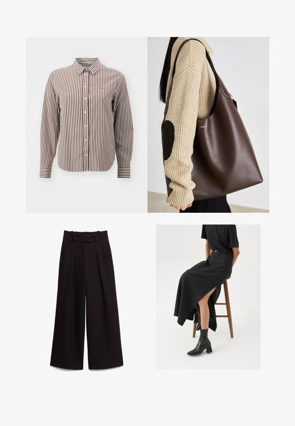 GANT STRIPED - Chemisier - braun weiß; Pantalons larges noirs en tissu lisse, avec taille haute, passants de ceinture et deux poches avant. Le design plissé ajoute de la texture.; Jupe maxi en lin noir avec une fente haute, portée avec un t-shirt noir et des bottes de cheville noires. Design minimaliste avec une coupe décontractée.; Sac tote en cuir marron au design spacieux. Présente une texture lisse et un logo doré subtil. Associé avec un pull en tricot crème.