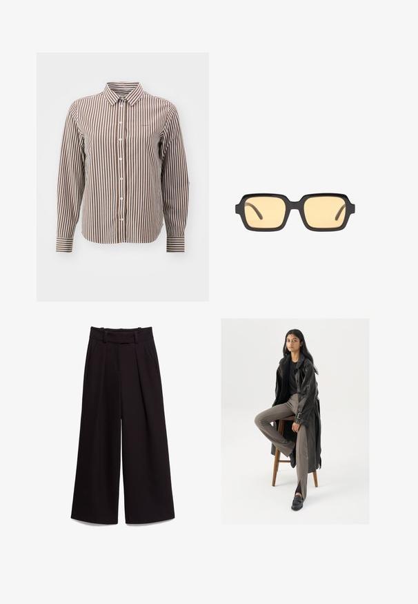 GANT STRIPED - Paitapusero - braun weiß; Mustat leveälahkeiset housut, jotka on valmistettu sileästä kankaasta. Housuissa on korkea vyötärö, vyölenkit ja kaksi etutaskua. Pleidit lisäävät tekstuuria.; Musta nahkastakki, jossa on napit ja vyöyksityiskohtia, yhdistettynä vaaleanruskeisiin slim-fit-housuihin ja mustiin loafereihin, istuu puupenkillä.; Mustat suorakulmaiset aurinkolasit keltaisilla linsseillä, kevytrakenteinen kehys ja erottuvat tylppäpäät tempuissa. Sujuva, kiiltävä pinta.