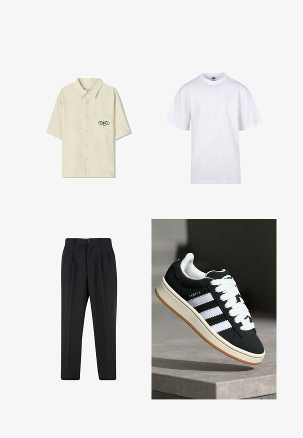 Camicia a maniche corte di colore beige con bottoni e colletto, caratterizzata da un logo verde sulla tasca sinistra del petto. Tessuto liscio e leggero.; T-shirt bianca in cotone con scollatura a girocollo, maniche corte e vestibilità rilassata. Presenta un design semplice senza motivi o accenti.; Pantaloni neri con design a pieghe sul davanti, realizzati in tessuto morbido. Presentano una chiusura con bottone e passanti per cintura; vestibilità a gamba dritta.; adidas Originals CAMPUS 00S - Sneakers basse - core black/footwear white/off-white