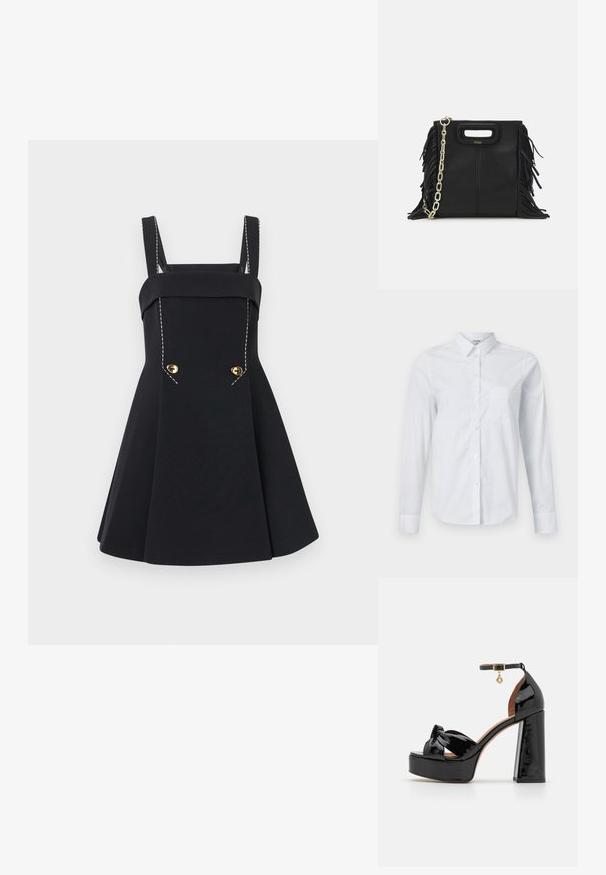 Biała koszula z długim rękawem wykonana z bawełny. Ma przód na guziki, kołnierz z wywiniętymi końcami oraz kieszonkę na piersi po lewej stronie.; Czarna sukienka z dopasowanym gorsetem, szerokimi ramiączkami i plisowanym dołem. Posiada złote guziki oraz kontrastowe białe detale w szwach.; Maje - Sandały na obcasie; Czarna skórzana torebka na ramię z frędzlami, złotym łańcuszkiem oraz wyciętym uchwytem. Posiada umieszczone na przodzie logo.