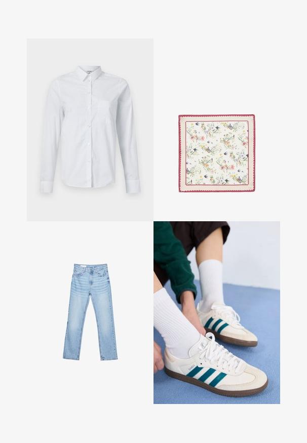 Vit långärmad skjorta i bomull. Har en knapp-down front, spetsig krage och en bröstficka på vänster sida.; Ljusblå denimjeans med rak passform, femficksdesign och synlig sömnad. Middelhög midja med klassisk knapp- och dragkedjestängning.; Vita atletiska skor med teal-ränder, texturerad ovandel och bruna gummisålar. Kombinerat med vita ribbade strumpor.; Kvadratisk silkesjal med ett blommigt och fågelmönster i pastellfärger, kantad med en vågig rosa kant. Mjuk textur och lätt vikt.