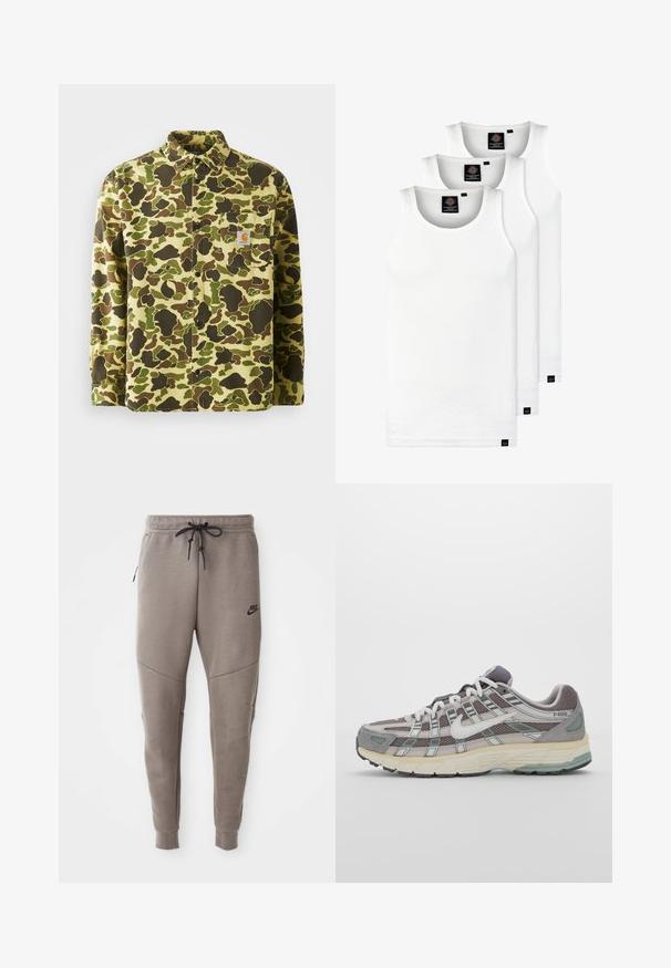 Puuvillane nööpidega särk, millel on roheline, pruun ja kollane kamuflaažimuster, rinnatasku ja brändi silt.; Kolm valget ribaga t-särki, mis on valmistatud puuvillast. Omavad ümmargust kaelanõhku ja väikseid musti silte hemme lähedal. Saadaval erinevates suurustes.; Hallide Nike dressipüksid, millel on nööriga vöökoht, kitsenevad sääred, küljetaskud ja eristuv õmbluse detail. Pehme, tekstureeritud kangas.; Hallus hallitus jalanõud, millel on võrgust ja sametist ülemine osa, valged rõhutused, pehme tald ning eristuv disain peegelduvate elementidega.