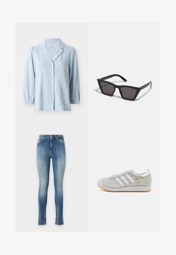 Šviesiai mėlyna marškinėlių su užsegimu priekyje, pagaminti iš faktūrinio audinio, su apvalia apykakle ir pūstomis rankovėmis, priekyje su baltais mygtukais.; Šviesiai mėlyni liesi džinsai. Yra vidutinio aukščio juosmens, penki kišenės ir šiek tiek nusidėvėjimo efektas priekyje ir gale, sukuriantis dėvėtą išvaizdą.; Šviesiai pilki sportbačiai, pagaminti iš zomšos ir tinklinės medžiagos, su trimis baltais dryžiais, apvaliu pirštu ir guma padu. Auksinė logotipo detalė šalia raištelių.; Juodos, kampuotos saulės akinios su pilkais stiklais; pagaminti iš plastiko, su storomis šakėmis, turinčiomis lygų paviršių ir be matomų detalių.; Sidabrinės pusmėnulio auskarai minimalistiniu dizainu. Apskritimo forma, lygus paviršius ir plonas profilis. Lengvi su poliruotu apdailu.