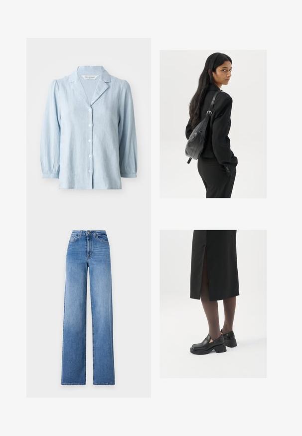 Lichtblauw overhemden met knopen, gemaakt van textuurstof, met een geknipt kraag en opgeblazen mouwen, met witte knopen aan de voorkant.; Lichtblauwe wijd uitlopende spijkerbroek van denim, met een hoge taille, voorkruiszakken en een standaard knoopsluiting. Gladde textuur.; Zwarte leren schoenen met een ronde neus, dikke blokhak en elastische zijkanten, gecombineerd met donkere panty's en een zwarte rok met een split.; Vrouw met lang donker haar in een zwart pak, met een zwart leren schoudertas, die over haar schouder kijkt tegen een witte achtergrond.; Zilveren hoepel oorbellen met een minimalistisch ontwerp. Cirkelvormig, gladde textuur en dun profiel. Lichtgewicht met een gepolijste afwerking.