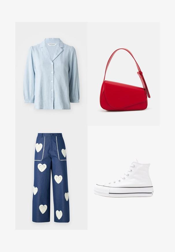 Light blue button-up shirt, made of textured fabric, featuring a notched collar and puffed sleeves, with white buttons down the front.; Sister Jane HEART TO HEART - Straight leg jeans - blue denim; White high-top canvas sneaker with black rubber sole, front rubber toe cap, and six eyelets for laces, featuring a clean, minimalist design.; Red leather handbag with an angular, geometric design. Features a single adjustable strap and a flap closure with stitched detailing.