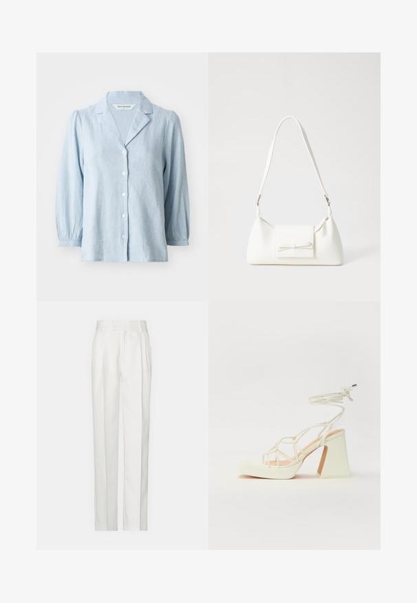 Camisa azul-clara de botão, fabricada em tecido texturizado, com colarinho recortado e mangas bufantes, com botões brancos na frente.; Calças brancas com riscas verticais e um design de perna reta, feitas de um tecido leve. Apresentam pregas na frente e uma cintura tradicional.; Sandálias brancas de salto alto com um salto robusto, apresentando um design com tiras e amarração no tornozelo. Textura suave com uma plataforma na frente para altura adicional.; Mala sintética branca com formato triangular, aba frontal plana e detalhe de laço, alça ajustável, textura suave e design minimalista.