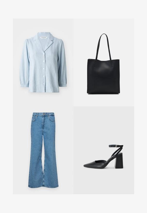 Camicia blu chiaro con bottoni, realizzata in tessuto testurizzato, caratterizzata da un colletto a scarpetta e maniche a sbuffo, con bottoni bianchi sulla parte anteriore.; Jeans svasati di un blu chiaro, realizzati in denim, con vita alta, cinque tasche e chiusura a un bottone. Morbido al tatto con una finitura scolorita.; Pump in pelle nera con punta affusolata, cinturino alla caviglia e tacco spesso. Texture piatta, design elegante ed estetica minimalista.; Borsa tote in pelle nera con texture liscia, forma rettangolare e due manici lunghi. Nessun hardware o decorazione visibile.
