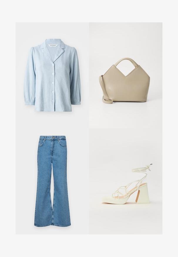 Light blue button-up shirt, made of textured fabric, featuring a notched collar and puffed sleeves, with white buttons down the front.; Light blue flared jeans made of denim, featuring a high waist, five pockets, and a single button closure. Soft texture with faded finish.; White high-heeled sandal with a chunky heel, featuring a strappy design and ankle tie. Smooth texture with a platform front for added height.; Beige structured handbag with a V-shaped top, smooth leather material, short handles, and a long adjustable strap. Minimalist design.