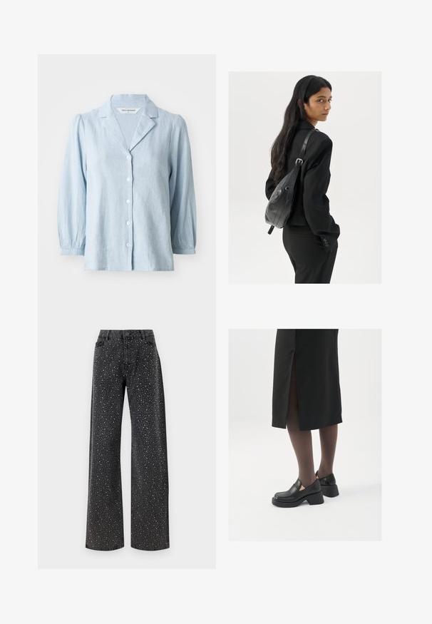 Hele sinine nööbitav särk, mis on valmistatud tekstuursest kangast, notšiga kraega ja puff-sleeved varrukatega, valgete nööpidega ees.; Noisy May NMJANNEL LOOSE - Avar lõikega teksad - black denim; Mustad mustad jalatsid ümmarguse varbaga, paksu plokkniidi ja elastsete külgdetailidega, kombineeritud tumedate sukkade ja musta lõhikuga seelikuga.; Pikkade tumehaired naine mustas ülikonnas, kandes musta nahast õlakotti, vaatab üle õla valge tausta taustal.; Hõbedased rõngastikkaehingad minimalistlikus disainis. Ümar kuju, sile tekstuur ja õhuke profiil. Kerged ning poleeritud viimistlusega.