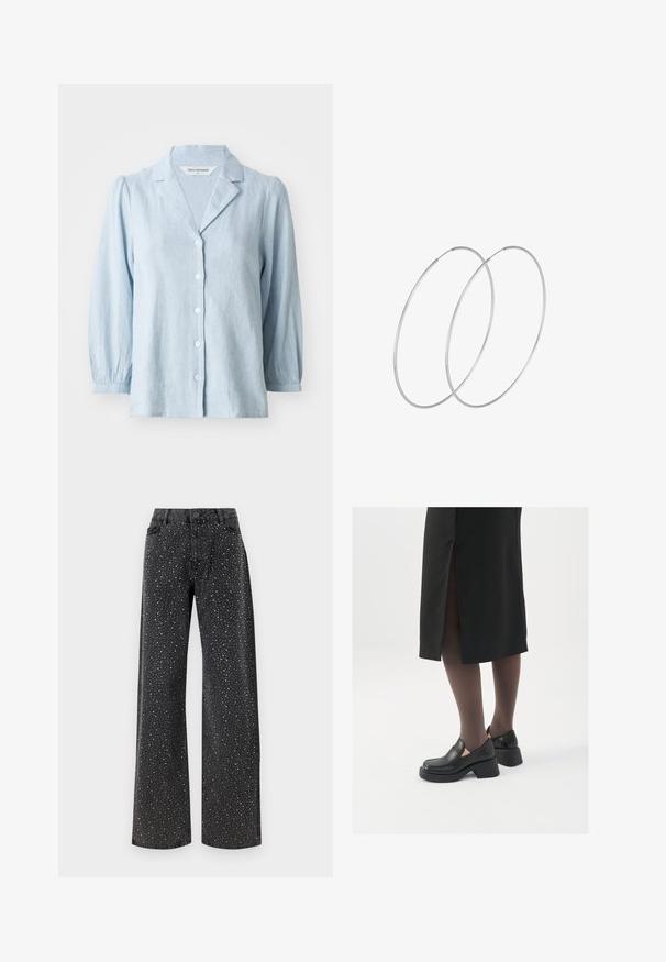 Hele sinine nööbitav särk, mis on valmistatud tekstuursest kangast, notšiga kraega ja puff-sleeved varrukatega, valgete nööpidega ees.; Noisy May NMJANNEL LOOSE - Avar lõikega teksad - black denim; Mustad mustad jalatsid ümmarguse varbaga, paksu plokkniidi ja elastsete külgdetailidega, kombineeritud tumedate sukkade ja musta lõhikuga seelikuga.; Hõbedased rõngastikkaehingad minimalistlikus disainis. Ümar kuju, sile tekstuur ja õhuke profiil. Kerged ning poleeritud viimistlusega.