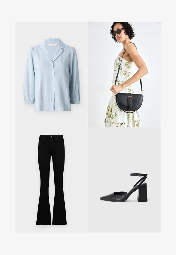 Svetlomodrá košeľa na gombíky, vyrobená z textúrovanej tkaniny, s klopovým golierom a nafúknutými rukávmi, so svetlými gombíkmi po celej dĺžke.; Čierne vysoké nohavice s gombíkom a zipsom, predné vrecká a rozšírené nohavice položené na bielom pozadí.; Čierne kožené lodičky s špicatou špičkou a členkovým remienkom, s masívnym podpätkom. Hladký povrch, elegantný dizajn a minimalistická estetika.; Čierna kožená kabelka s zaobleným tvarom, odnímateľným popruhom a zlatými doplnkami. Kabelka má klopu s detailom s prackou.