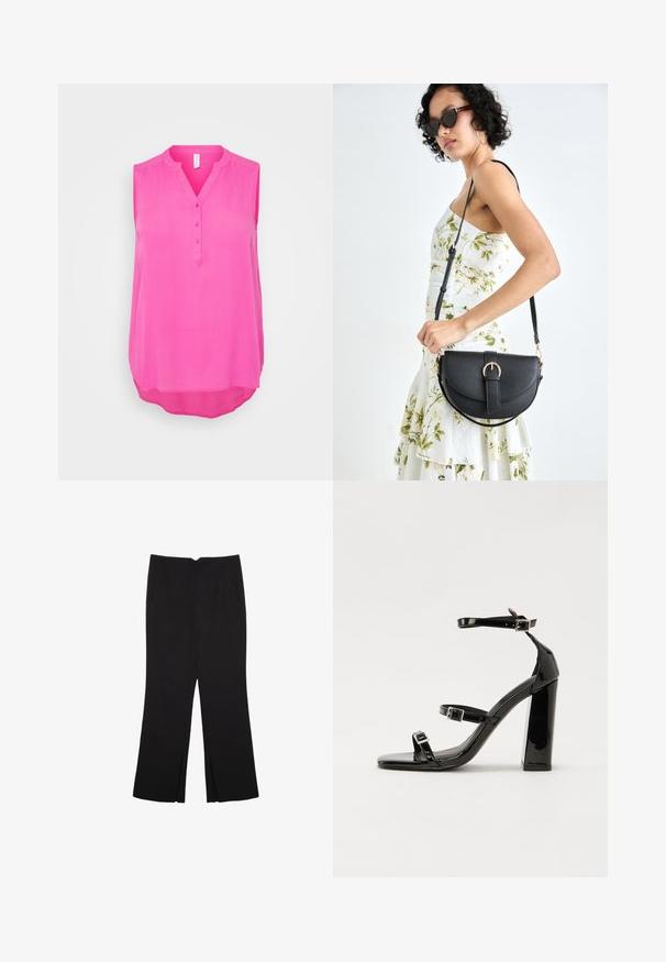 Majica bez rukava u svijetlo ružičastoj boji, napravljena od lagane tkanine. Ima V-izrez s četiri gumba i zakrivljeni rub za opušteni fit.; Crne hlače ravnog kroja, s prednjim džepovima i bočnim prorezima na rubu. Izrađene od mekog i glatkog materijala. Pogodne za razne prigode.; Crne lakirane sandale na pete sa kvadratnim nosom, trakama oko gležnja i srebrnim kopčama. Imaju čvrst blok petu za stabilnost.; Crna kožna torba s lukovitim oblikom, odvojivim remenom i zlatnim detaljima. Torba ima preklop s kopčom.