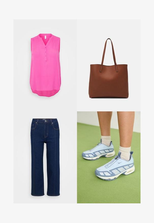 Ujjatlan blúz élénk rózsaszínben, könnyű anyagból készült. V-alakú nyakkivágással és négy gombbal rendelkezik, ferde alsó szegéllyel a laza illeszkedésért.; Sötét kék, egyenes lábú farmernadrág gombos záródással, elülső és hátsó zsebekkel, valamint látható narancssárga varrással a varratok mentén.; Világoskék sportcipők fehér díszítéssel, texturált panelek és cipzáras záródás. Jellemzője a látható légpárnás talp és a gumitalp.; Barna bőr vászontáska sima textúrával, nyitott tetejű dizájnnal és két vállpánttal. Minimális varrással és látható hardver nélkül készült.