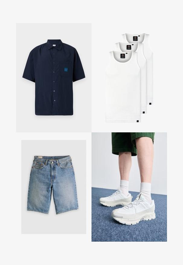 Sötétkék, rövid ujjú gombos ing, könnyű anyagból készült, mellzsebbel, amelyen egy teazöld GAP logó található.; Három fehér csíkos pamut trikó. Felső része kerek nyakkivágású, és a szegély közelében kis fekete címkék találhatók. Több méretben elérhető.; Világoskék farmer rövidnadrág klasszikus fazonban. Öt zsebe van, narancssárga varrással és nyers élek.; Fehér sportcipők texturált burkolattal, vastag talppal és szürke részletekkel. Fehér sportzoknival és zöld rövidnadrággal viselve, kék felületen.