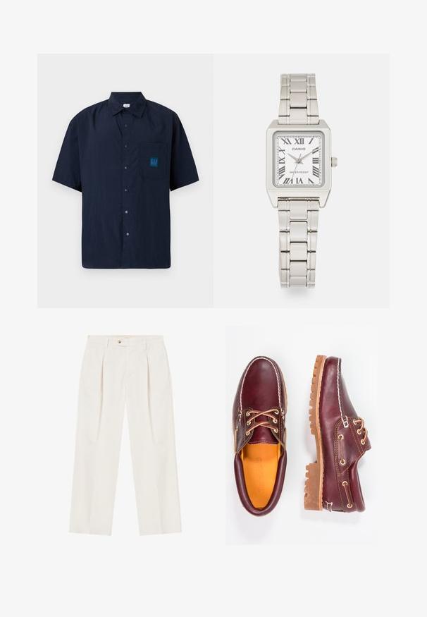 Granatowa koszula z krótkim rękawem zapinana na guziki, wykonana z lekkiego materiału, z kieszonką na piersi ozdobioną naszywką z logo GAP w odcieniu turkusowym.; Białe, szerokie spodnie z kantem z przodu, jednolitym zapięciem na guzik i bocznymi kieszeniami. Gładka tekstura i dopasowany krój.; Bordowe skórzane buty z brązowymi gumowymi podeszwami, okrągły czubek, białe przeszycia i złote oczka. Wnętrze posiada żółtą podszewkę.; Srebrny metalowy zegarek na rękę z kwadratową tarczą, białą powierzchnią, rzymskimi cyframi i srebrną bransoletą. Posiada wodoodporną konstrukcję.