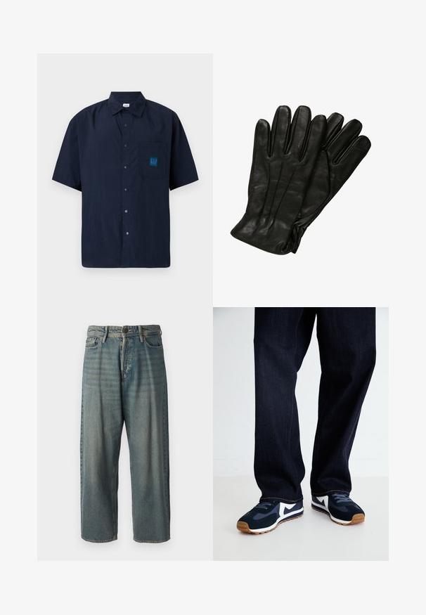 Camisa de botão azul marinho de manga curta feita de tecido leve, apresentando um bolso no peito com um emblema da GAP em azul-turquesa.; Jeans de ganga azul claro com um corte solto, cintura média e pernas retas. Apresenta cinco bolsos, passadores de cinto e fecho com botão.; Tênis atléticos em azul marinho e branco com um upper texturizado, cadarços e sola de borracha, combinados com calças de ganga escuras com costuras laranja.; Luvas de couro preto com uma textura lisa, cinco dedos e detalhes de costura subtis. Design clássico, adequado para uso em clima frio.