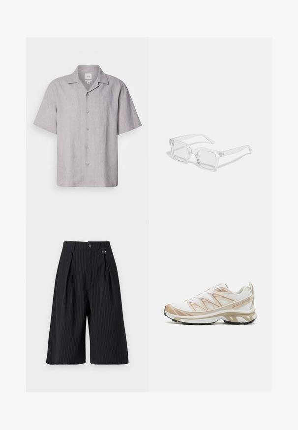 Short-sleeve, light gray linen shirt with a revere collar, five buttons down the front, and a smooth, textured fabric.; Black pinstripe shorts with pleats, a button closure, and a metal ring accent. Smooth fabric with a tailored fit and knee-length design.; White athletic shoe featuring a breathable mesh upper with beige accents, a cushioned midsole, and a textured rubber outsole for traction.; Clear rectangular sunglasses with a thick plastic frame, featuring slightly tinted lenses and no additional patterns or accents.