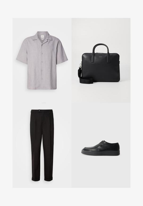 R短āmām, gaismi pelēks lina krekls ar apgriezto apkakli, pieciem pogām priekšā un gludu, teksturētu audumu.; Melnas bikses ar gludu tekstūru, diviem priekšējiem kabatām, taisnas griezuma un ar vienu pogu vidukļa daļā.; Calvin Klein HYBRID CUP WALLABEE - Lietišķas šņorkurpes - triple black; Melnas ādas portfelis ar rakstainu apdari, diviem rokturiem, noņemamu plecu siksnu un priekšējo logotipa detaļu. Ar rāvējslēdzēja aizdari.
