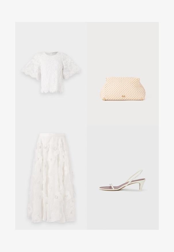 Balta mežģīņu blūze ar īsām, izplūdušām piedurknēm, apaļu kakla izgriezumu un viļņotu apakšu. Uz auduma ir redzami smalki ziedu raksti.; Balta, līdz ceļiem garā svārki ar ziedu izšuvumiem un sudraba pērlītēm. Viegls, plūstošs audums ar viļņotiem slāņiem un piegrieztiem jostām.; Baltas siksnas sandales ar nelielu papēdi, plānām siksniņām un gludu ādas tekstūru; ar nelielu dekoratīvu sprādzi.; Auduma smilškrāsas rokassoma ar noapaļotu formu, ar zeltainām detaļām un teksturētu rakstu. Aizdare augšpusē.