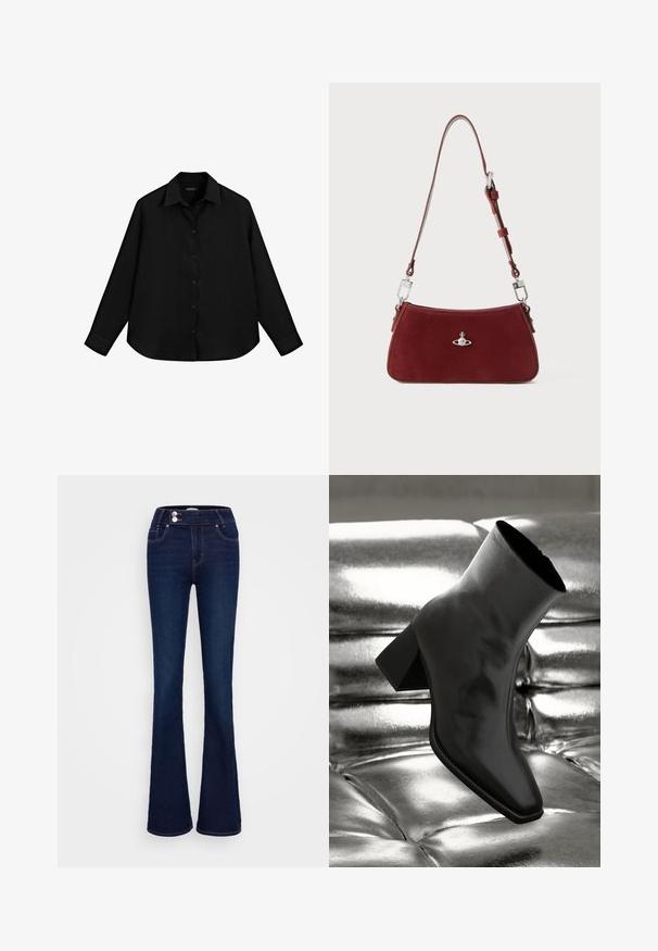 Zwarte long-sleeve shirt van lichtgewicht materiaal, met een knoopsluiting aan de voorkant, puntige kraag en afgeronde zoom.; Donkerblauwe uitlopende jeans met een hoge taille, twee voorzakken en twee knoopsluitingen. Gemaakt van denim met een zachte textuur.; Zwarte enkellaarsjes van glanzend materiaal met een vierkante neus en taps toelopende hak, afgezet tegen een glanzende zilveren gecapitonneerde achtergrond.; Rode suède schoudertas met een gebogen vorm. Voorzien van een zilverkleurig accent en een verstelbare band met hardware-details. Gladde textuur.