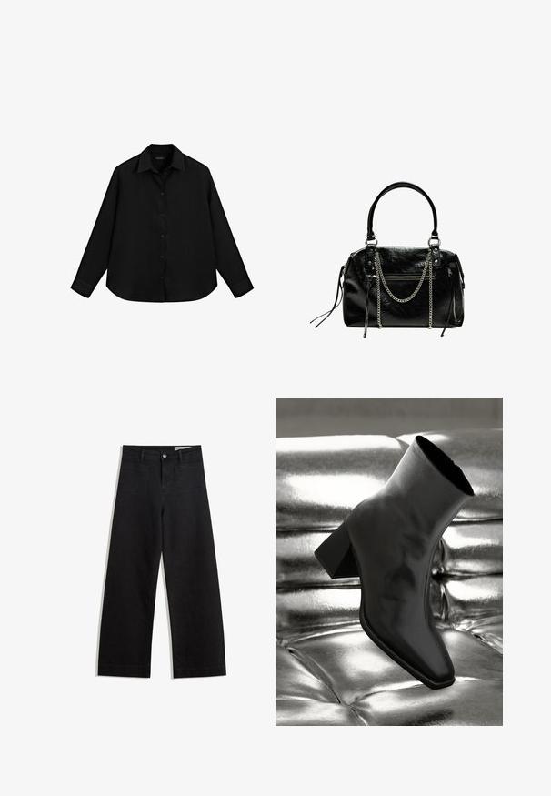 Schwarzes Langarmshirt aus leichtem Material mit durchgehender Knopfleiste, spitzem Kragen und gerundetem Saum.; Schwarze weit geschnittene Jeans mit hoher Taille, ausgestattet mit Vorder- und Hintertaschen, gesteppten Nähten und einem Knopfverschluss. Glatte Textur.; Schwarzer Knöchelstiefel aus glänzendem Material mit quadratischer Zehenform und verjüngtem Absatz, vor einem glänzenden silbernen gepolsterten Hintergrund.; Bershka WITH CHAIN - Handtasche - black