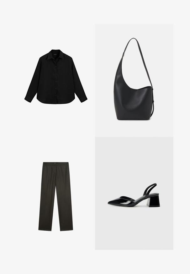 Svart långärmad skjorta i lätt material, med knappslå framtill, spetsig krage och rundad nederkant.; Mörkgröna, vida byxor med en slät yta, elastisk midja och sidofickor. Enkelt design utan synliga mönster eller metalldetaljer.; Svarta lackläder slingback klackar med spetsig tå och geometrisk klack. Har en elegant, minimalistisk design och slät yta.; Svart läder hobo-väska med en slät textur, kurvig form och en justerbar axelrem; har en bred öppning upptill.