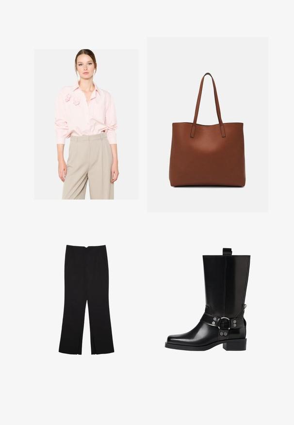LolaLiza Hemdbluse - offwhite; Schwarze Hose mit geradem Schnitt, ausgestattet mit Fronttaschen und Seitenschlitzen am Saum. Hergestellt aus weichem, glattem Stoff. Geeignet für verschiedene Anlässe.; Schwarze Lederstiefel bis zum Knie mit spitzer Zehenform, silbernen Schnallenakzenten und einem klobigen Absatz. Verfügt über eine Zuglasche für einfaches Anziehen.; Braune Leder-Tote mit glatter Textur, offenem Oberteil und zwei Schulterriemen. Verfügt über minimale Nähte und keine sichtbaren Beschläge.