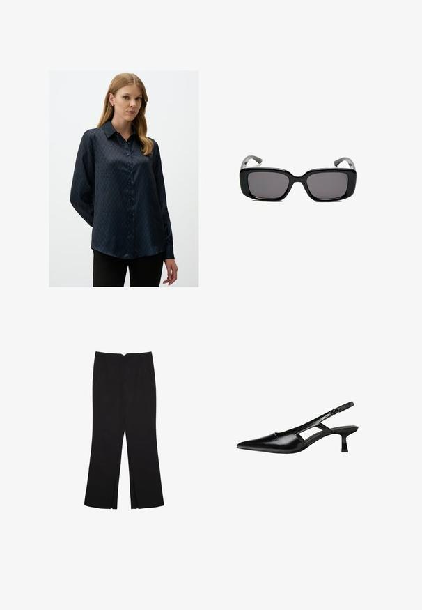 Blusa di raso blu scuro con motivo a diamante, colletto a punta e chiusura frontale con bottoni. Maniche lunghe con una vestibilità comoda.; Pantaloni neri a gamba dritta, con tasche frontali e spacchi laterali all'orlo. Realizzati in tessuto morbido e liscio. Adatti a diverse occasioni.; Tacchi slingback in pelle verniciata nera con punta affusolata, design con tagli laterali e tacco quadrato piccolo. Texture liscia con dettagli minimi.; Occhiali da sole neri rettangolari con lenti scure, montatura in plastica liscia e tempie curve. Il design è voluminoso con un'estetica minimalista.