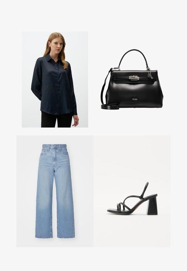 Donkerblauwe satijnen blouse met een diamantpatroon, puntige kraag en knoopsluiting aan de voorkant. Lange mouwen met een relaxte pasvorm.; Lichtblauwe high-waist wijde jeans met een knoop- en ritssluiting aan de voorkant, voor- en achterzakken, op een witte achtergrond.; Zwarte hoge sandaal met een vierkante, chunky hak, voorzien van meerdere dunne banden over de voet en een open achterkant. Gladde leren textuur.; Zwarte leren handtas met een gestructureerd ontwerp, bovenhandvat, afneembare schouderband en een zilverkleurige sluiting. Bevat een subtiel geperst logo.