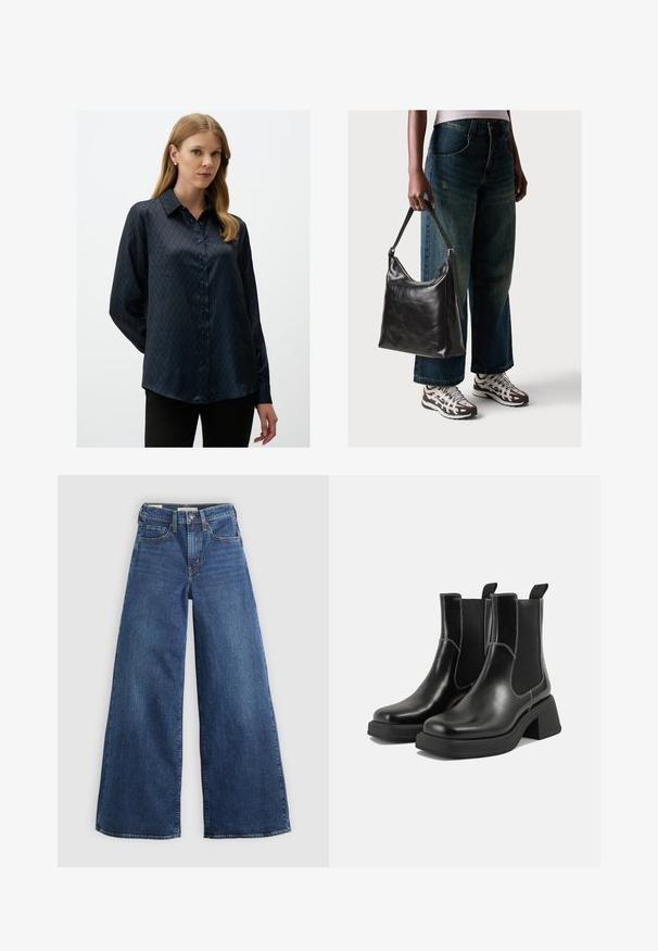 Granatowa satynowa bluzka z diamentowym wzorem, charakterystycznym stójką i zapięciem na guziki z przodu. Długie rękawy w luźnym kroju.; Szerokie niebieskie dżinsy z pięcioma kieszeniami, zapięciem na guzik i kontrastowym przeszyciem, charakteryzujące się miękkim i teksturowanym wykończeniem.; Czarne skórzane botki Chelsea na mocnej podeszwie, z elastycznymi panelami bocznymi i kontrastującym białym ściegiem. Teksturowane wykończenie.; Czarna skórzana torba na ramię o gładkiej fakturze i regulowanym pasku, w zestawieniu z wyblakłymi dżinsami typu wide-leg i sportowymi butami.