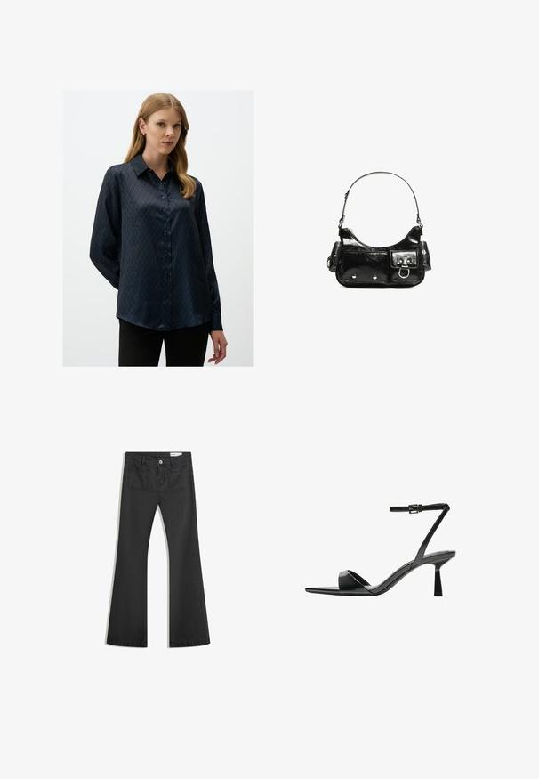 Dunkelblaue Satinbluse mit Diamantmuster, spitzem Kragen und durchgehender Knopfleiste. Lange Ärmel mit entspannter Passform.; Schwarze Schlagjeans aus Denim mit glatter Textur, ausgestattet mit zwei Gesäßtaschen und einem Knopfverschluss an der Taille.; Bershka High Heel Sandalette - black; Schwarze Lackleder-Handtasche mit geschwungenem Design, einem Schulterriemen, Vordertaschen und silberfarbenen Hardware-Akzenten.