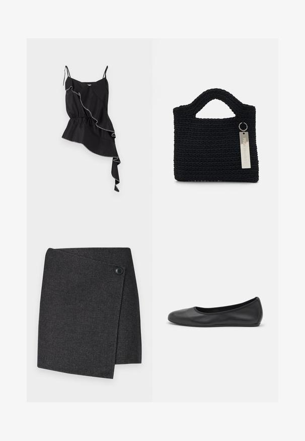 Černý top bez rukávů s volánkovým asymetrickým designem, nařaseným pasem a kontrastním bílým prošitím zvýrazňujícím okraje.; Tmavě šedá zavinovací sukně vyrobená z texturované tkaniny, s knoflíkovým zapínáním na levé straně a asymetrickým lemem.; Černé kožené baletní byty s kulatou špičkou, hladkou texturou, minimálními švy a flexibilním designem podrážky.; Won Hundred MARSIELLE COMPUTER BAG UNISEX - Taška na laptop - black