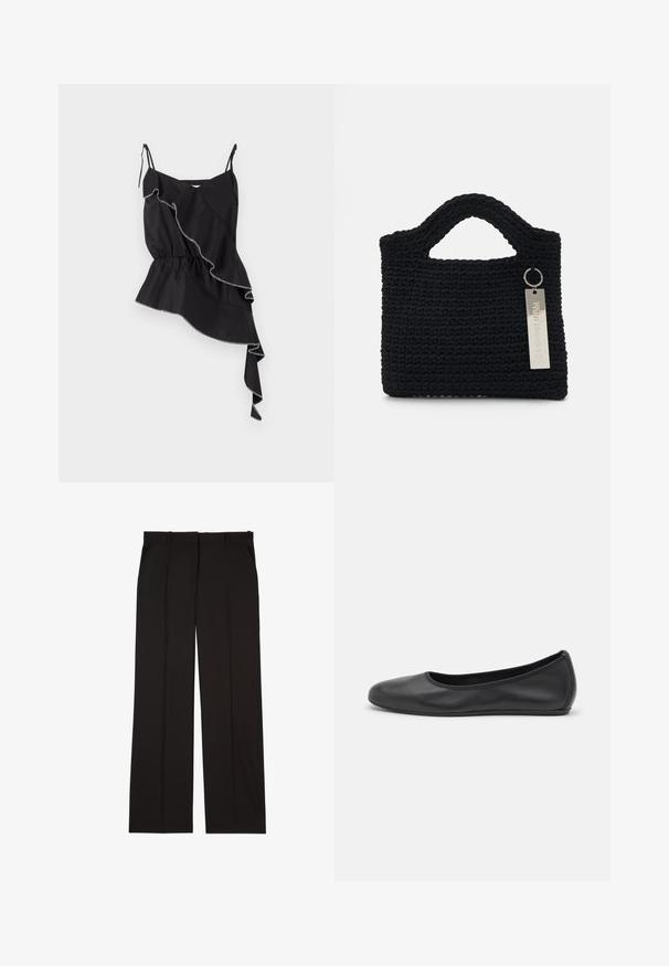 Schwarzes ärmelloses Oberteil mit gerafftem, asymmetrischem Design, gerafftem Taillenbereich und kontrastierenden weißen Nähten, die die Kanten betonen.; Schwarze, maßgeschneiderte Hosen aus einem glatten Stoff, mit geradem Bein und zwei Seitentaschen. Elegante und minimalistische Konstruktion.; Schwarze Leder-Ballettschuhe mit abgerundeter Spitze, glatter Textur, minimalen Nähdetails und einem flexiblen Sohlen-Design.; Won Hundred MARSIELLE COMPUTER BAG UNISEX - Notebooktasche - black