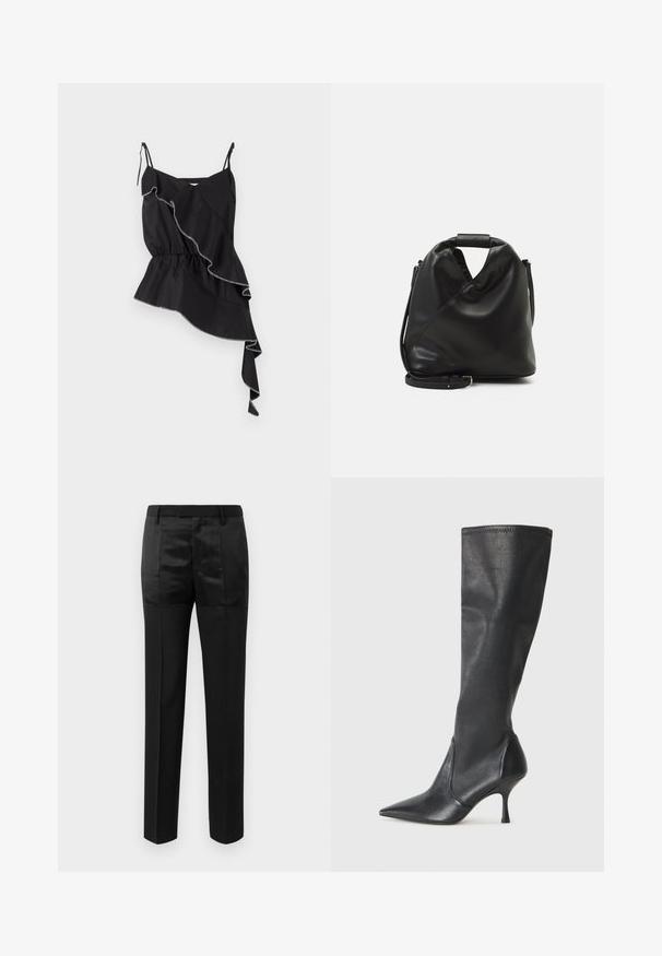Czarny bezrękawnik z falbankowym asymetrycznym wzorem, marszczoną talią i kontrastowym białym przeszyciem podkreślającym krawędzie.; Czarne skrojone spodnie z prostymi nogawkami i paskiem z pętlami na pasek, z mieszanką matowych i błyszczących paneli materiałowych.; Czarne skórzane botki do kolan z ostrym noskiem i wąskim obcasem w szpilkę. Gładka tekstura z dopasowanym krojem i przeszyciem na górnej krawędzi.; Czarna, miękka skórzana torba o unikalnym skręconym wzorze. Posiada krótki uchwyt oraz odpinany pasek na ramię. Styl minimalistyczny.