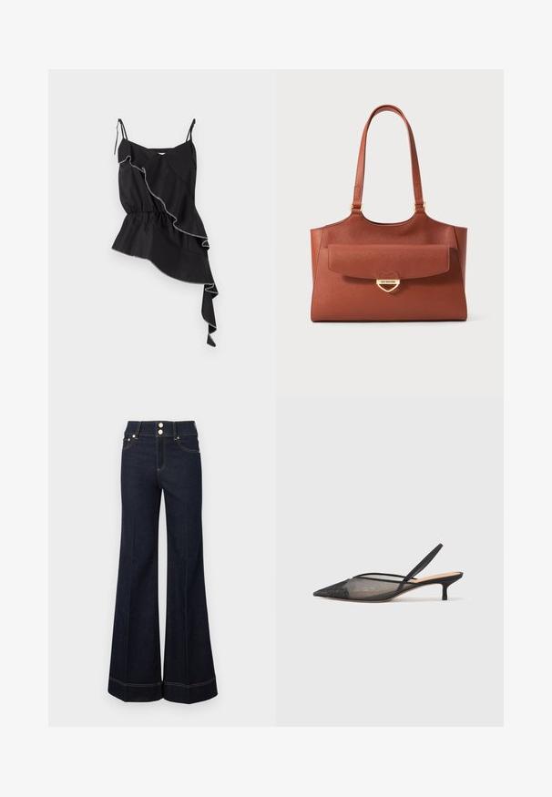 Schwarzes ärmelloses Oberteil mit gerafftem, asymmetrischem Design, gerafftem Taillenbereich und kontrastierenden weißen Nähten, die die Kanten betonen.; Dunkelblaue High-Waist weite Jeans mit Fronttaschen, zwei sichtbaren Knöpfen und gelben Nähten.; NEOUS IRENA - Pumps - black; Braune Leder-Tote mit langen Trägern, Fronttasche mit Klappe und goldener herzförmiger Verschluss, graviert mit "Love Moschino."
