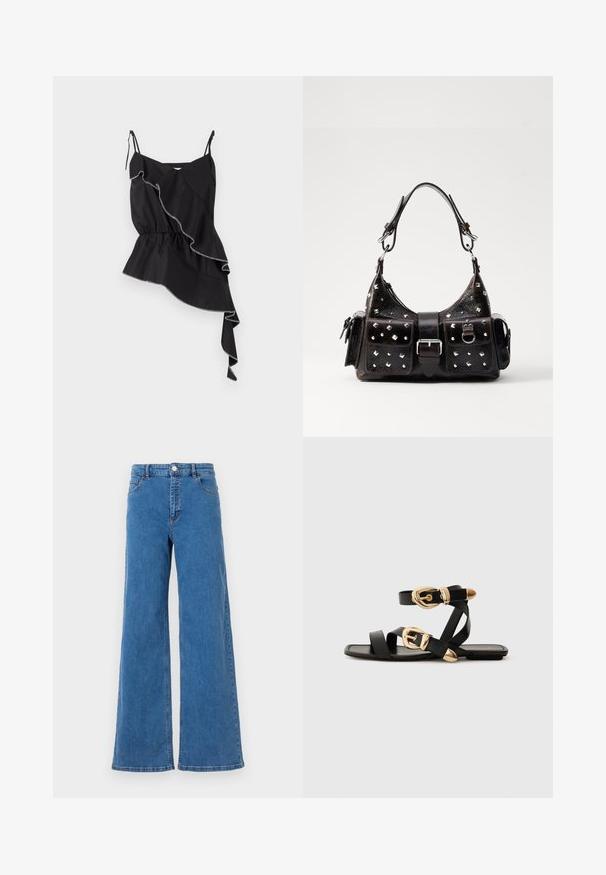 Mustam kätisteta topp asymmeetriliste volangidega, kokku tõmmatud talje ja kontrastsete valgete õmblustega, mis rõhutavad servi.; Laiad sinised denim püksid kõrge vöökohaga, ees taskud ja nööbiga kinni. Kanga pind on sile ja klassikaline õmblusmustritega.; Mustad nahast sandaalid kuldsete pandlitega, millel on mitmed rihmad ja lame talladisain avatud varba jaoks.; Must mustriga must kott, millel on nurgakujulised kaunistused, ristkülikukujuline kuju, kaks esikotti ja kumer ülemine sang. Luku- ja pressnupu sulgemise detailid.