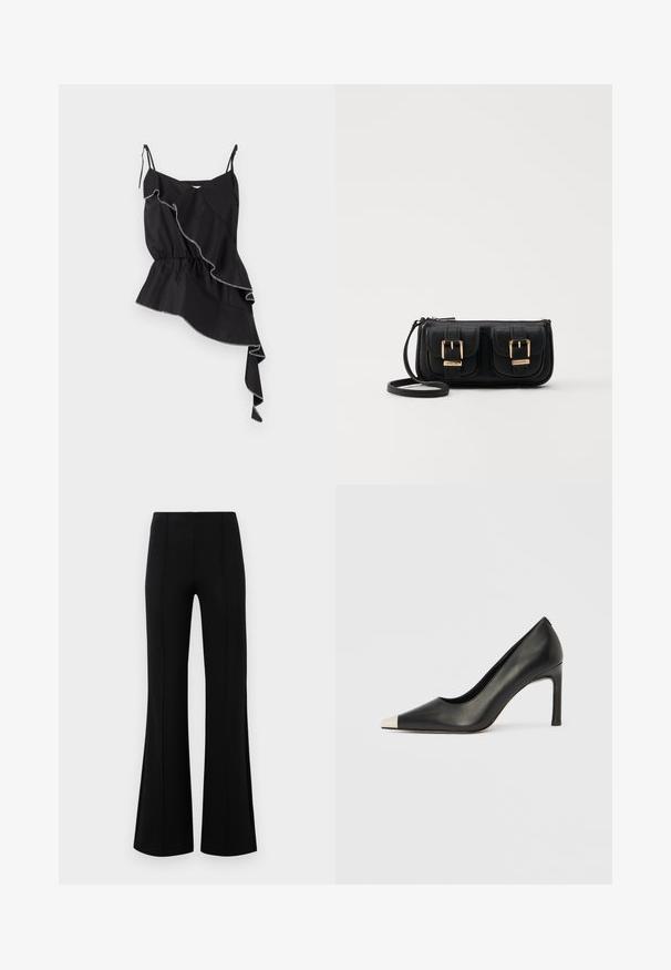 Black sleeveless top with ruffled asymmetrical design, gathered waist, and contrasting white stitching accentuating the edges.; Black flared pants with a high waist, made of stretchy fabric. Features vertical seam details on the front and a smooth texture.; Black leather high heel shoe with a pointed toe and a metallic silver cap. Features a smooth finish and a slender 10 cm heel.; Black leather crossbody bag with two front pockets, gold buckles, zipper closure, and a slim strap. Textured surface and compact rectangular shape.