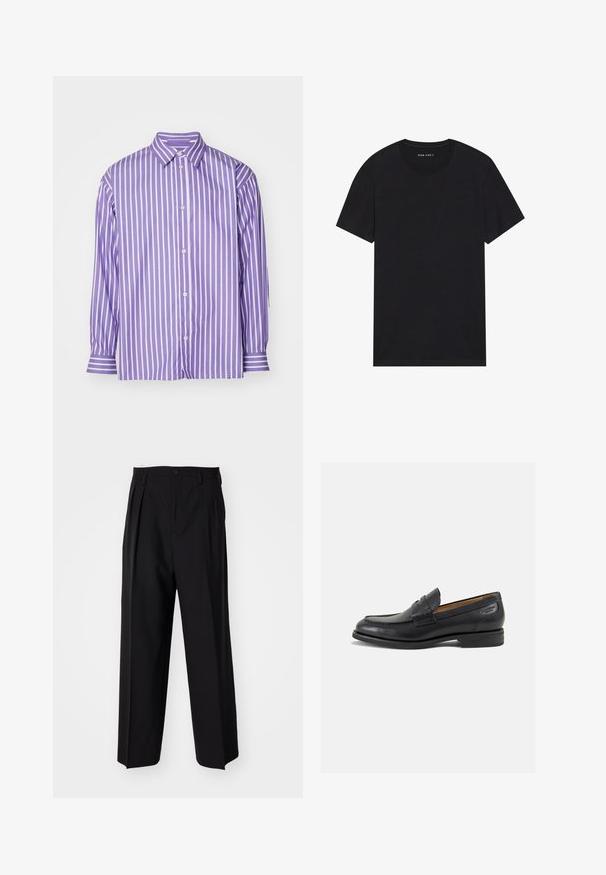 Camicetta a maniche lunghe a righe viola con colletto a punta, chiusura frontale a bottoni e righe bianche di contrasto su polsini e colletto.; T-shirt nera in cotone con maniche corte e scollatura rotonda. Il tessuto ha una consistenza liscia e un design semplice, tinta unita.; Pantaloni neri a pieghe con un design dritto e gamba larga. Realizzati in tessuto morbido, con chiusura a bottone e passanti per cintura.; Mocassini in pelle nera con finitura liscia, punta arrotondata e cuciture decorative sulla tomaia. Tacco basso impilato e leggero lucido.