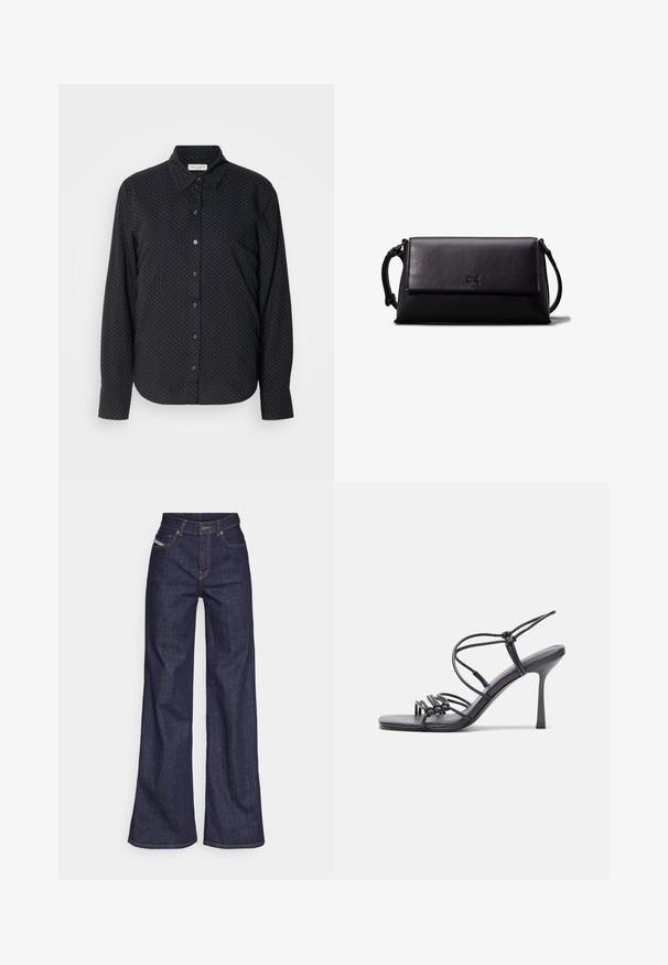 Marc O'Polo CASUAL FIT KENT COLLAR PRINT - Button-down blouse - black grey; Dark blue wide-leg jeans in denim fabric with a high waist, featuring orange stitching, five-pocket design, and a button closure.; Black high-heeled sandals feature thin straps with a knotted design, a smooth square toe, and a sleek stiletto heel.; Black leather clutch bag with a rectangular shape, smooth texture, a flat flap closure, and a small handle on the side. Features subtle logo.; Silver metal earrings with a smooth, teardrop shape and a polished finish. Subtle engravings add detail. Minimalist design.