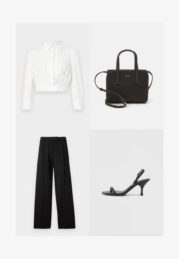 White cropped blouse with a collar, scalloped detailing down the front, and long sleeves with scalloped cuffs. Smooth, lightweight fabric.; Black wide-leg trousers with a smooth texture, featuring a flat front and tailored waistband. Simple design without visible hardware or patterns.; Black leather high-heeled sandals with a slim, curved heel and a crossed strap design. Adjustable ankle strap. Smooth texture.; Black handbag with dual short handles and a removable shoulder strap. Smooth leather-like material with a zip closure and logo detail.
