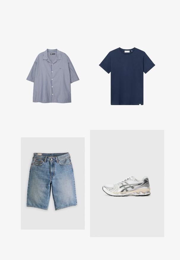 Pruhovaná košile na knoflíky v modré a bílé barvě s volným střihem, krátkými rukávy a sklápěcím límcem. Obsahuje malé logo na hrudi.; Námořnická modrá bavlněná tričko s kulatým výstřihem, krátkými rukávy a malým vyšitým logem na levém prsu. Hladká textura.; Džínové šortky v světlé modré barvě s klasickým střihom. Mají pět kapes, oranžové švy a okraje s odřením.; Bílé sportovní boty se stříbrnými a černými akcenty, síťovaný svršek, texturovaný design, polstrovaná podrážka a flexibilní vzor podrážky.