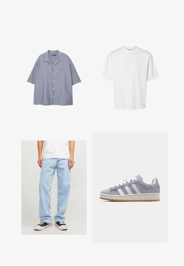 Raitapaita sinivalkoisena, rento istuvuus, lyhyet hihat ja taitettava kaulus. Ominaisuutena pieni logo rinnassa.; Valkoinen puuvillapaita lyhyillä hihoilla, pyöreällä kaula-aukolta ja rentoa istuvuutta. Sujuva pinta ilman näkyviä kuvioita tai korostuksia.; Vaaleansiniset farkut rentoa istuvuutta, suorat lahkeet ja tavallinen ommel, yhdistettynä mustiin lenkkareihin.; Harmaan mokkanahkaiset lenkkarit valkoisilla raidoilla, pyöreä kärki ja kumipohja. Sivulla on reikiä ja teksturoitu kantapää.