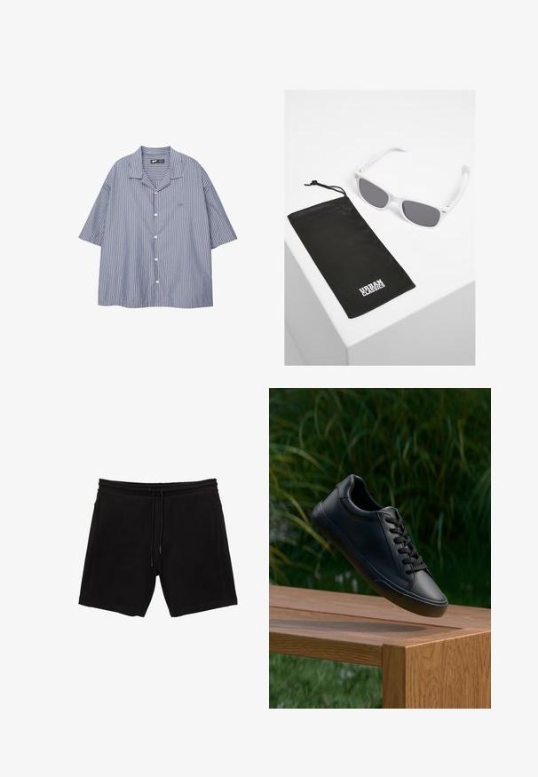 Gestreiftes Button-Down-Hemd in Blau und Weiß mit lässiger Passform, kurzen Ärmeln und Umlegekragen. Enthält ein kleines Logo auf der Brust.; Schwarze Sweatshorts aus Baumwollmix. Mit einem elastischen Bund mit Kordelzug, seitlichen Taschen und einem entspannten Schnitt.; Schwarze Ledersneaker mit glatter Textur, runder Zehenform und flachen Schnürsenkeln, positioniert über einer Holzoberfläche mit grünem Gras im Hintergrund.; Weiße Plastiksunglasses mit grauen Gläsern neben einem schwarzen Stoffbeutel mit einem weißen "URBAN CLASSICS"-Logo in fetter Schrift.