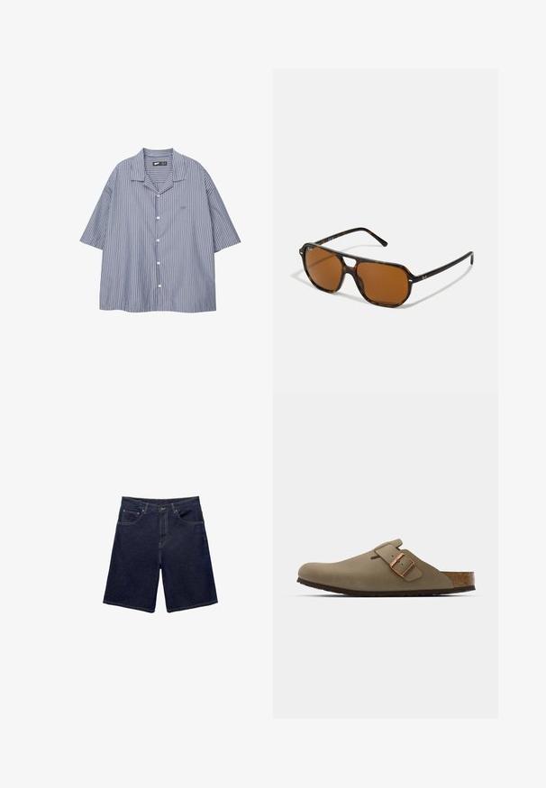 Gestreepte button-up shirt in blauw en wit met een ontspannen pasvorm, korte mouwen en een omgeslagen kraag. Bevat een klein logo op de borst.; Donkere blauwe denimshorts met een klassieke snit, vijf zakken en contrasterende stiksels. Glad textuur met een stevige tailleband.; Bruine klompen met een gladde, matte afwerking. Beschikt over een opvallende bronzen gesp aan de zijkant. Korken voetbed en rubberen buitenzool voor comfort.; schildpadbril met bruine lenzen, rechthoekige vorm en metalen accenten op het montuur. Strak ontwerp met dunne armen.