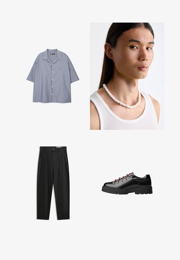 Raitapaita sinivalkoisena, rento istuvuus, lyhyet hihat ja taitettava kaulus. Ominaisuutena pieni logo rinnassa.; Mustat puuvillahousut rentoa mallia, joissa on klassinen vyötärö, etukangastukset ja sivutaskut. Sileä pinta ilman kuvioita.; Musta nahkainen vaelluskengä, jossa on punaiset ja valkoiset nauhat, suuret nyöritysreiät ja paksu uritettu pohja pidon ja vakauden takaamiseksi.; Valkoinen simpukkaketju, joka koostuu epäsäännöllisistä muodoista, worn valkoisen tiukan tanktopin päällä. Sujuva pinta, jossa on hienovaraista kiiltoa, tiukasti istuva muotoilu.