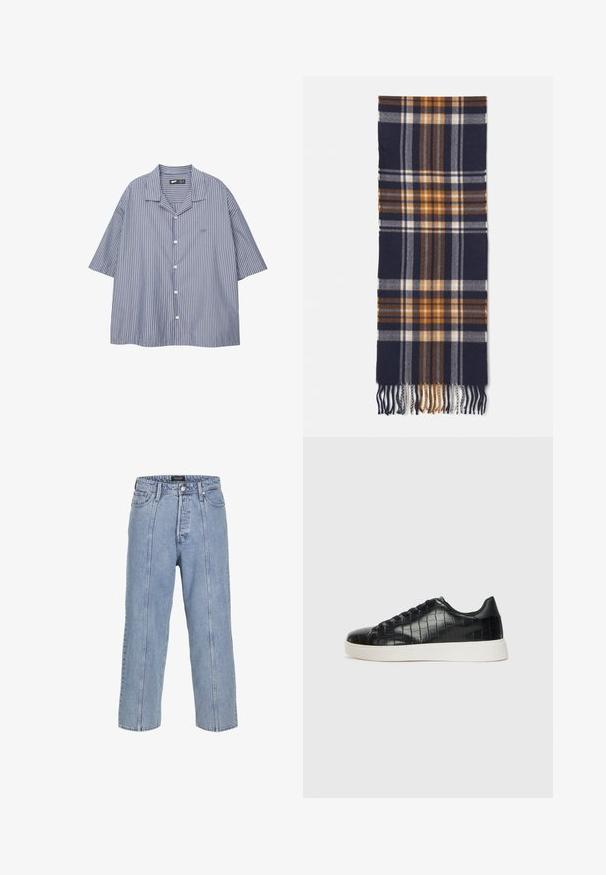 Gestreepte button-up shirt in blauw en wit met een ontspannen pasvorm, korte mouwen en een omgeslagen kraag. Bevat een klein logo op de borst.; Lichtblauwe denim jeans met een losse pasvorm, wijde benen en zichtbare stiksels. Voorzien van een knoop- en ritsluiting, vijf zakken.; Zwarte sneakers met een gestructureerde leren bovenkant met krokodilpatroon, een ronde neus en een contrasterende witte rubberen zool met een gladde afwerking.; Marineblauwe geblokte sjaal van zachte stof, met oranje, witte en bruine ruitpatronen en gefranjerde uiteinden voor textuur.
